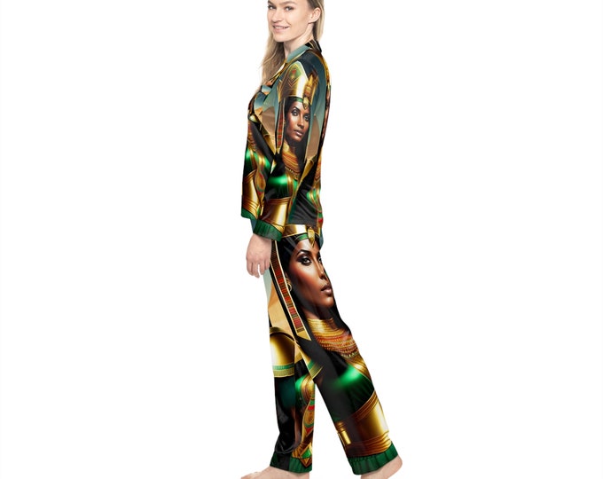 Satin Pajamas Set with Queen Cleopatra Painting 11, Women Cloth, African American, Bridesmaid Gift, Christmas, Xmas, Cloths, Arts -Gifts