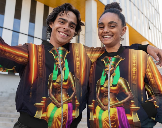 Bomber Jacket with Queen Cleopatra Painting 7, Handmade, Coat, Women Casual Wear, Mens Clothing, Black Art, Gift for Her, Gift for Him