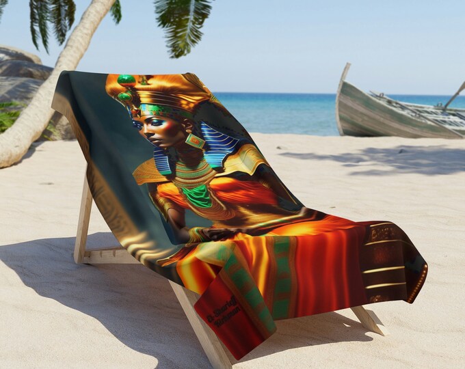 Beach Towel with Egyptian Art Queen Nefertiti Painting 6, Beach Blanket, Vacation Gift, Summer, Pool Towel, Black Woman Art, African Art