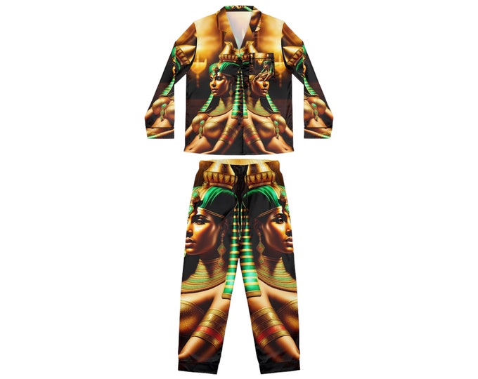 Satin Pajamas Set with Queen Cleopatra Painting 37, Women Clohes, Night Clothes, Bridesmaid Gift, Cloths, Arts -Gifts, Afrocentric Art