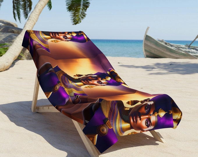 Beach Towel with Egyptian Art Queen Nefertiti Painting 5, Beach Blanket, Vacation Gift, Summer, Pool Towel, Black Woman Art, African Art