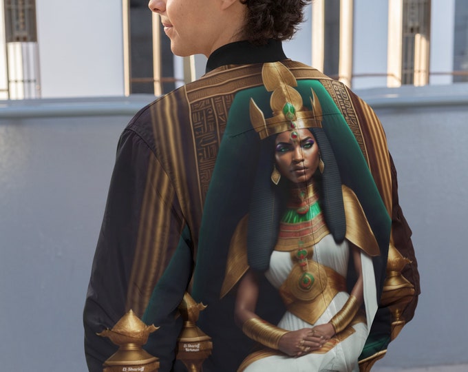 Bomber Jacket with Queen Cleopatra Painting 3, Handmade, Coat, Women Casual Wear, Mens Clothing, Black Art, Gift for Her, Gift for Him