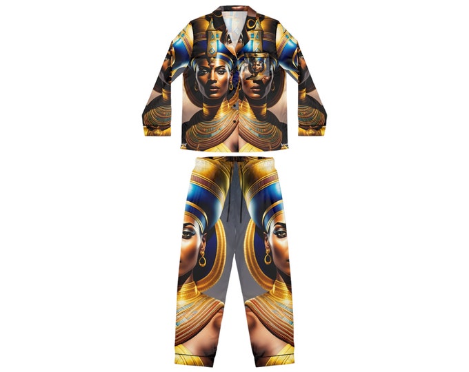 Satin Pajamas Set with Egyptian Queen Nefertiti Painting 1, Women Clothing, Night Clothes, Bridesmaid Gift, Black Woman Art, African Art
