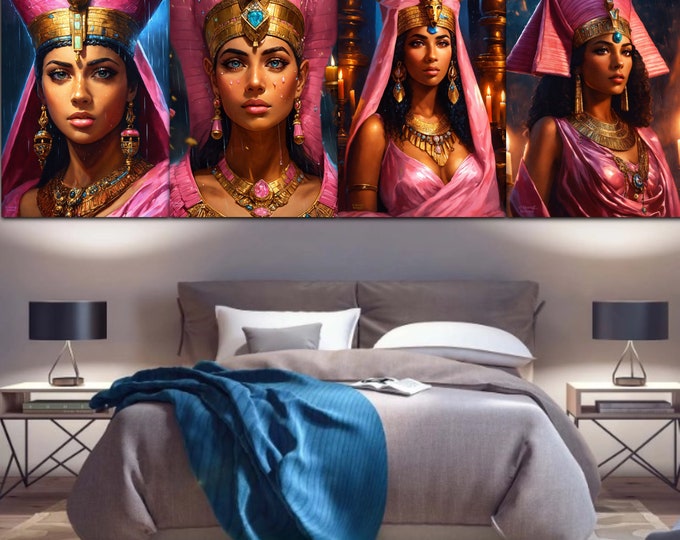 Queen Cleopatra Paintings of A Rainy Candles Lit Night in Egypt, Wall Art Set of 4, Art Prints, Digital Prints, Wall Decor, Afro Png, Pink