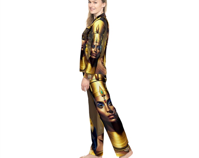 Satin Pajamas Set with Egyptian Queen Nefertiti Painting 8, Sleepwear, Women Clothing, Night Clothes, Bridesmaid Gift, Black Woman Art