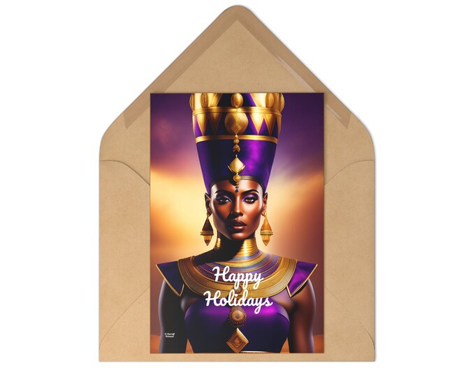 Holiday Postcards (7 pieces) with Queen Nefertiti Painting 5, Xmas Cards, Greeting, Birthday, Christmas Gifts, Nubian Queen, Black Art