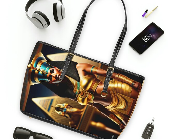 Leather Shoulder Bag with Egyptian Queen Nefertiti Painting 10, Tote Bag, Leather Purse Women, Crossbody Bag, Weekender Bag, Afrocentric Art