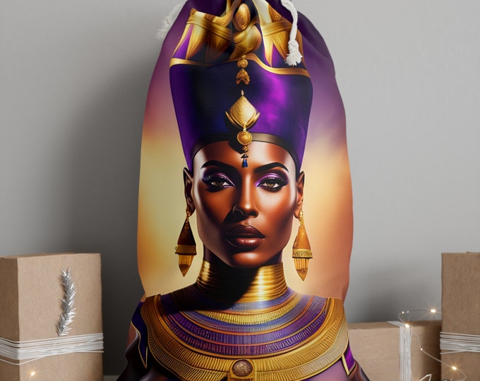 Christmas Santa Sack Bag with Queen Nefertiti Painting 5, Bag for Presents, Gift Bags, Velour Fabric, African Woman, Black Artist Painting