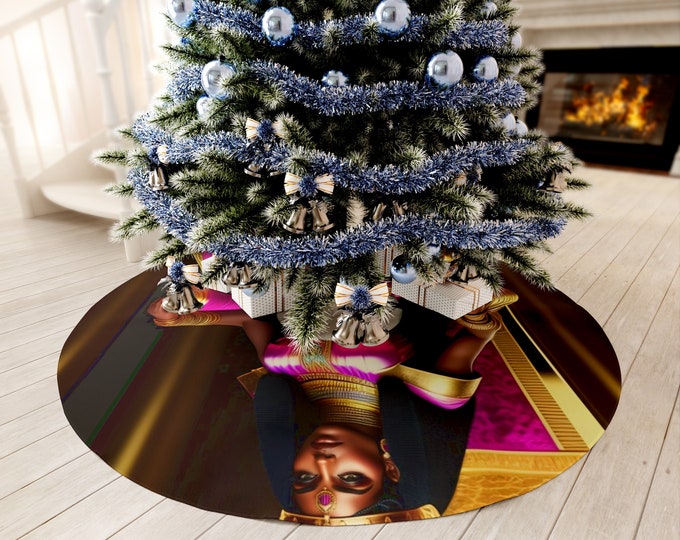 Christmas Tree Skirt with Egyptian Queen Cleopatra Painting 12, Holiday Decor, Xmas Gifts, Family Gift, Black Queen, Afrocentric Art, Egypt