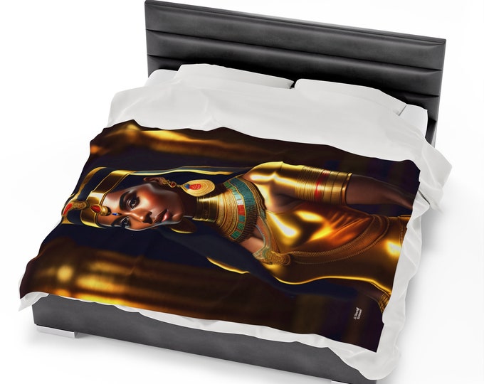 Velveteen Plush Blanket with Queen Cleopatra Painting 10, Bedding, Throw Blanket, Soft Knit, Knit Blanket, Colorful Home Decor -Gifts