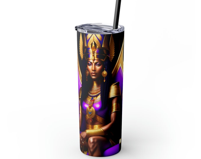 20oz Skinny Tumbler with Straw with Queen Cleopatra Painting 8 Sublimation, Coffee Cup, Cold, Afrocentric Art, Egyptian Art, Black Woman