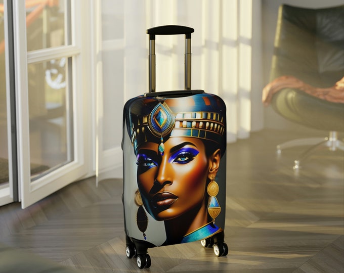 Luggage Cover with Egyptian Queen Nefertiti Painting 3, Luggage Protector, Suitcase Cover, Holiday, Vacation, African Wrap, Black Woman Art