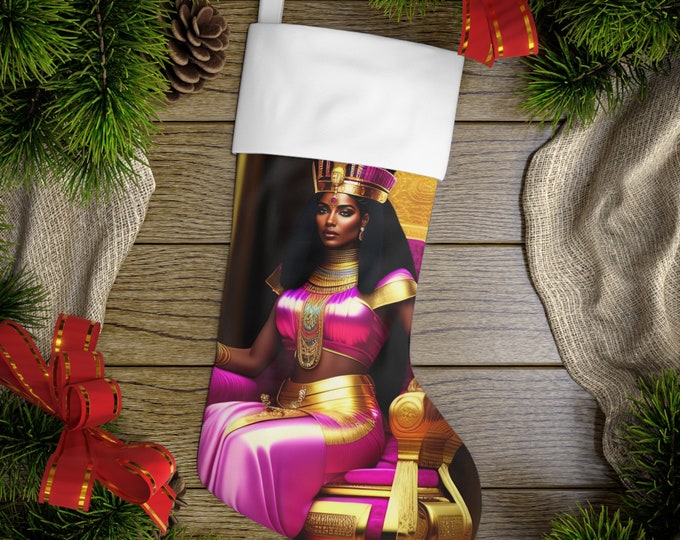 Holiday Stockings with Egyptian Queen Cleopatra Painting 12, Holiday Decor, Christmas Gifts, Kwanzaa, Gift Wrap, Black Woman, African Art