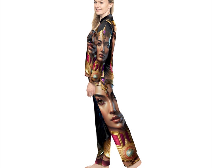 Satin Pajamas Set with Queen Cleopatra Painting 1, Women Cloth, African American, Bridesmaid Gift, Christmas, Xmas, Cloths, Arts -Gifts