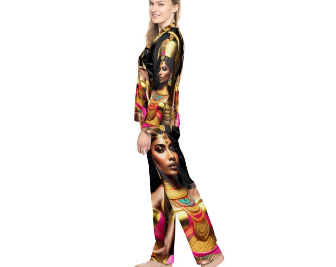 Satin Pajamas Set with Queen Cleopatra Painting 14, Women Cloth, African American, Bridesmaid Gift, Christmas, Xmas, Cloths, Arts -Gifts