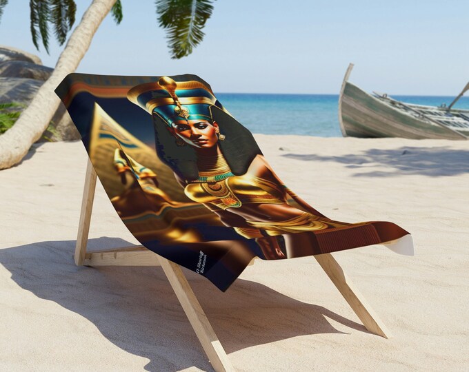 Beach Towel with Egyptian Art Queen Nefertiti Painting 10, Beach Blanket, Vacation Gift, Summer, Pool Towel, Black Woman Art, African Art