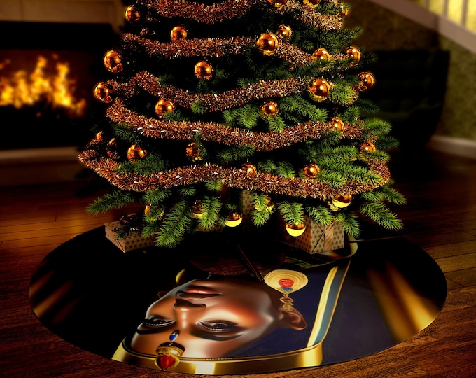 Christmas Tree Skirt with Egyptian Queen Cleopatra Painting 10, Holiday Gifts, Xmas Decor, Family Gift, Black Queen, Afrocentric Art, Egypt