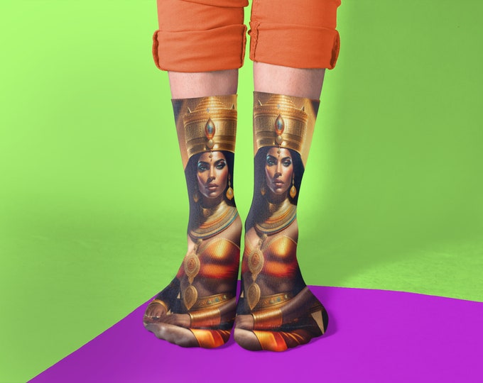Socks with Egyptian Queen Nefertiti Painting 18, Printed Socks, Stylish, Cute, Art, Black Queen, African American, Egyptian, Ancient Egypt