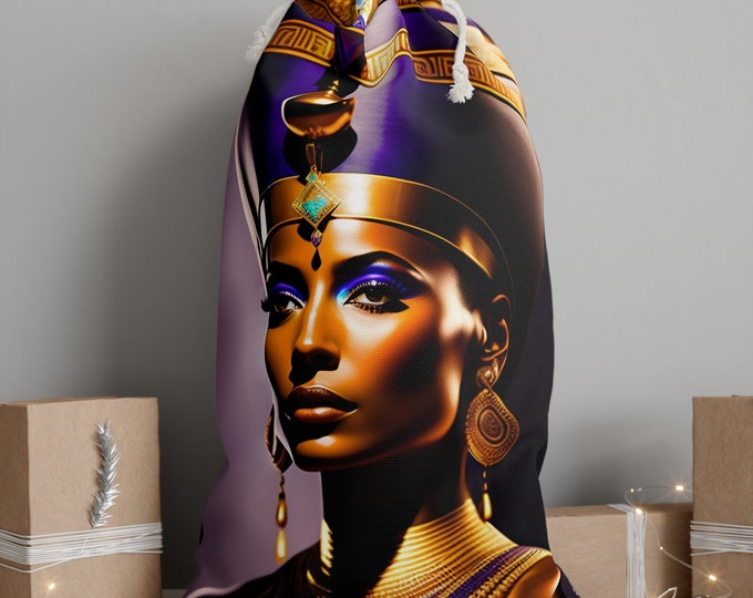 Christmas Santa Sack Bag with Queen Nefertiti Painting 00, Bag for Presents, Gift Bags, Velour Fabric, African Woman, Black Artist Painting