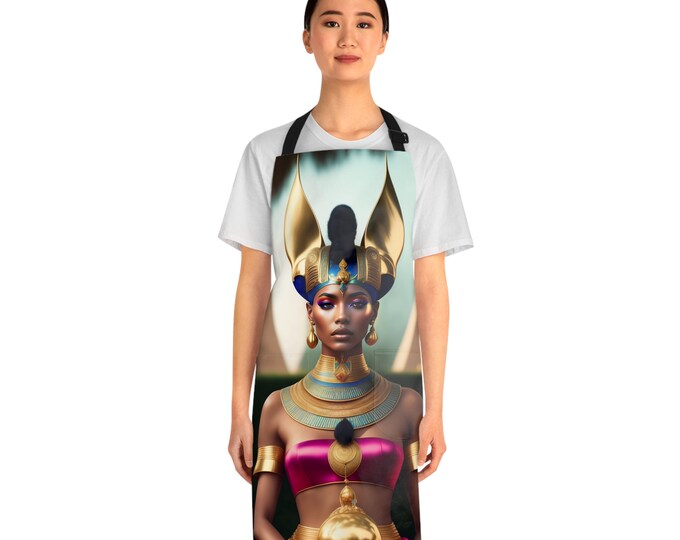 Apron with Egyptian Goddess Bastet Painting 8, Cooking Apron, Bartender Apron, Chef Gift, Pottery, Gardening, Black Woman Gifts, Afro Art