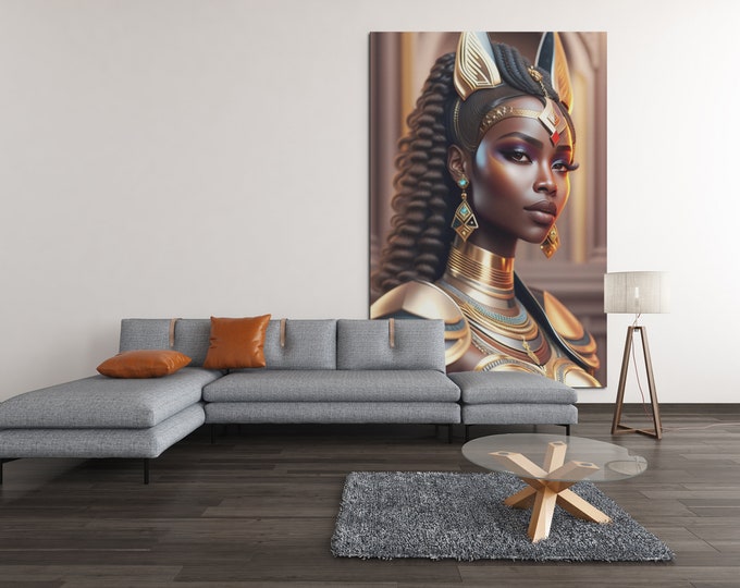 ANCIENT EGYPTIAN CAT Goddess Bastet Canvas Painting 4 | Fine Art | Black Art | Tree of Knowledge | Black Women Wall Art | Black Hair | Wall