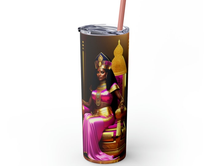 20oz Skinny Tumbler with Straw with Queen Cleopatra Painting 12 Sublimation, Coffee Cup, Cold, Afrocentric Art, Egyptian Art, Black Woman