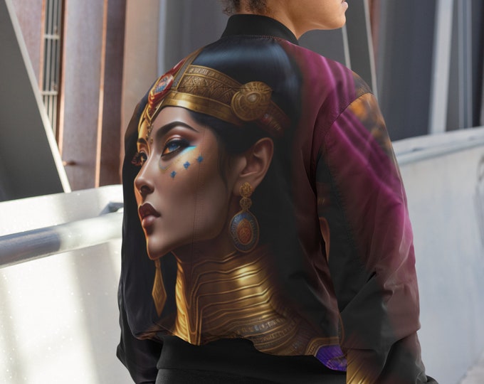 Bomber Jacket with Queen Cleopatra Painting 4, Handmade, Coat, Women Casual Wear, Mens Clothing, Black Art, Gift for Her, Gift for Him