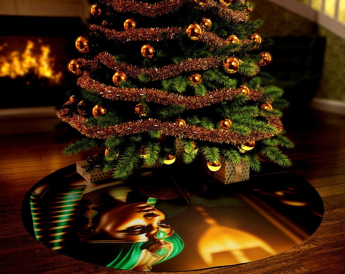 Christmas Tree Skirt with Egyptian Queen Cleopatra Painting 37, Holiday Decor, Christmas Gifts, Kwanzaa, Black Queen, Afrocentric Art, Egypt