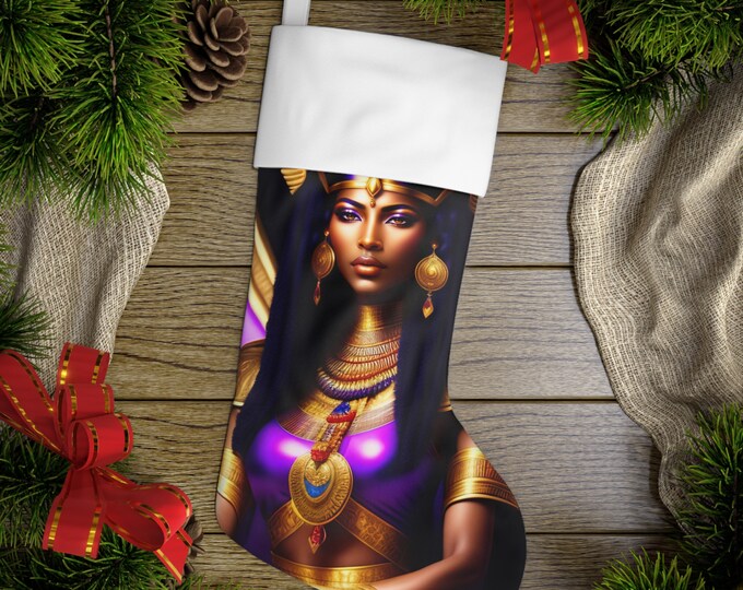 Holiday Stockings with Egyptian Queen Cleopatra Painting 8, Holiday Decor, Christmas Gifts, Kwanzaa, Gift Wrap, Black Woman, African Art