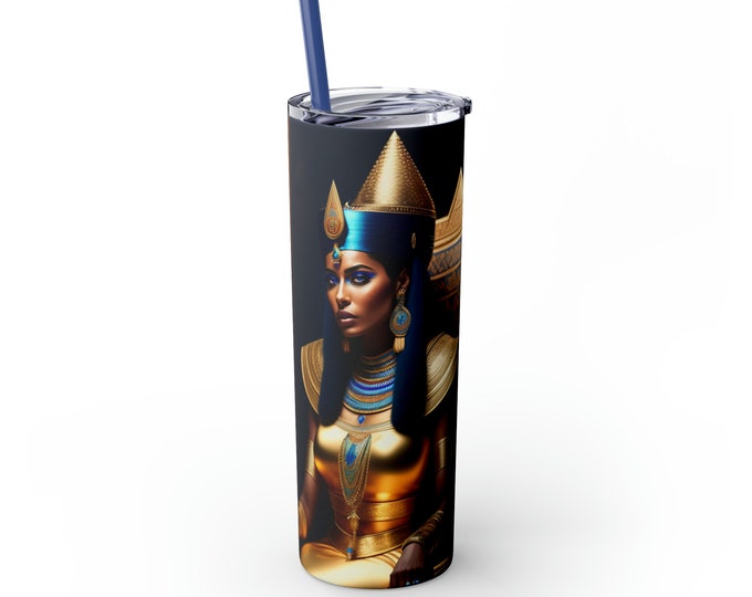 20oz Skinny Tumbler with Straw with Queen Cleopatra Painting 21 Sublimation, Coffee Cup, Cold, Afrocentric Art, Egyptian Art, Black Woman
