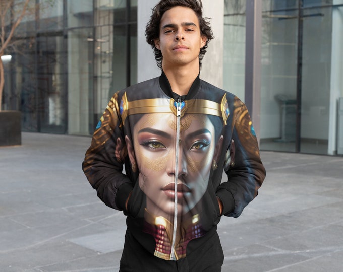 Bomber Jacket with Queen Cleopatra Painting 2, Handmade, Coat, Women Casual Wear, Mens Clothing, Black Art, Gift for Her, Gift for Him