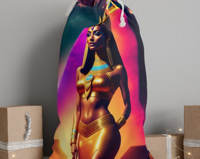 Christmas Santa Sack Bag with Queen Nefertiti Painting 45, Bag for Presents, Gift Bags, Velour Fabric, African Woman, Black Artist Painting