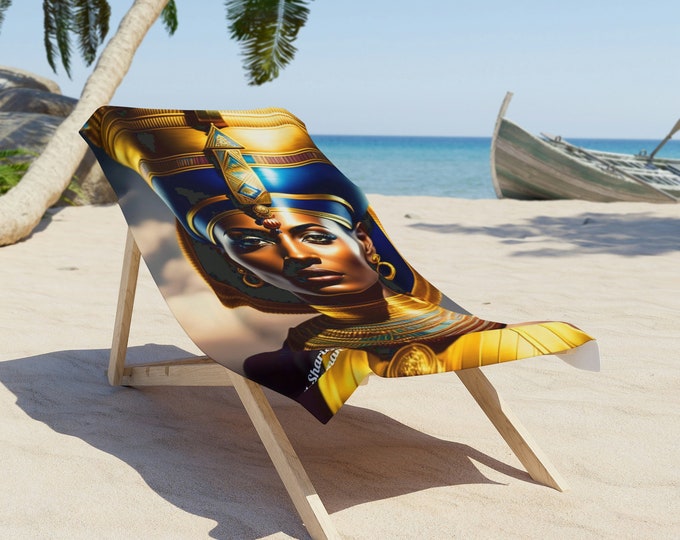 Beach Towel with Egyptian Art Queen Nefertiti Painting 1, Beach Blanket, Vacation Gift, Summer, Pool Towel, Black Woman Art, African Art