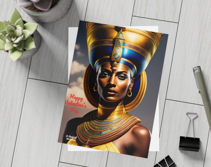 Valentines Day Cards with Queen Nefertiti Painting 1, Greeting Cards, Postcard, Gifts for Her, Egyptian Art, Egypt, Nubian Queen, Black Art