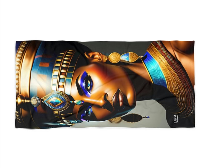 Beach Towel with Egyptian Art Queen Nefertiti Painting 3, Beach Blanket, Vacation Gift, Summer, Pool Towel, Black Woman Art, African Art