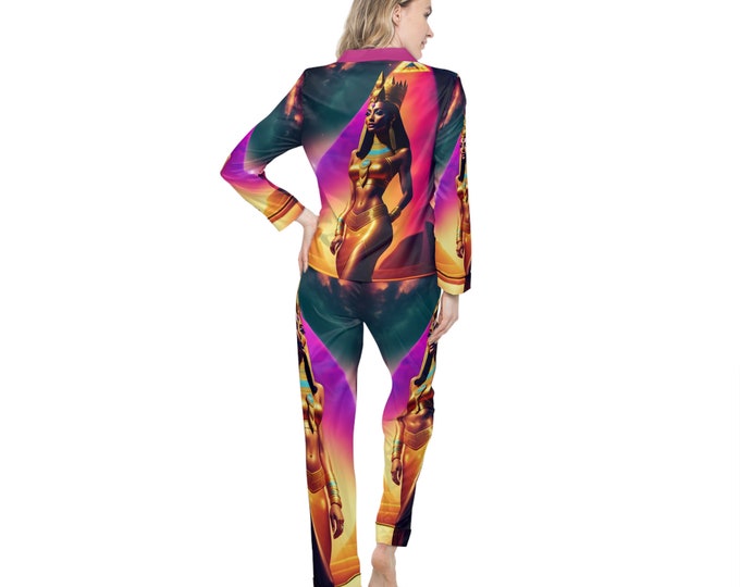 Satin Pajamas Set with Egyptian Queen Nefertiti Painting 45, Sleepwear, Women Clothing, Night Clothes, Bridesmaid Gift, Black Woman Art