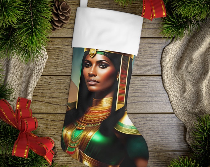 Holiday Stockings with Egyptian Queen Cleopatra Painting 11, Holiday Decor, Christmas Gifts, Kwanzaa, Gift Wrap, Black Woman, African Art