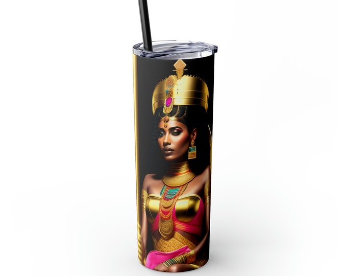 20oz Skinny Tumbler with Straw with Queen Cleopatra Painting 14 Sublimation, Coffee Cup, Cold, Afrocentric Art, Egyptian Art, Black Woman