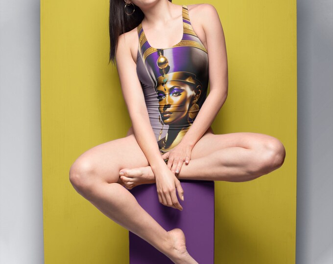 Bridesmaid Swimsuit with Egyptian Queen Nefertiti Painting 00, Swimwear, Bathing Suit, Pool, Beach Summer, Black Woman Art, African Bikini