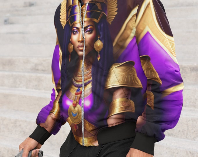 Bomber Jacket with Queen Cleopatra Painting 8, Handmade, Coat, Women Casual Wear, Mens Clothing, Black Art, Gift for Her, Gift for Him