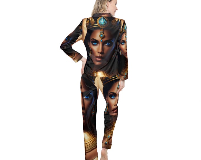 Satin Pajamas Set with Queen Cleopatra Painting 13, Women Cloth, African American, Bridesmaid Gift, Christmas, Xmas, Cloths, Arts -Gifts