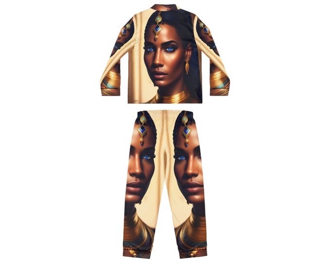 Satin Pajamas Set with Egyptian Queen Cleopatra Painting 20, Women Clothing, Night Clothes, Bridesmaid Gifts, Black Woman Art, Afrocentric