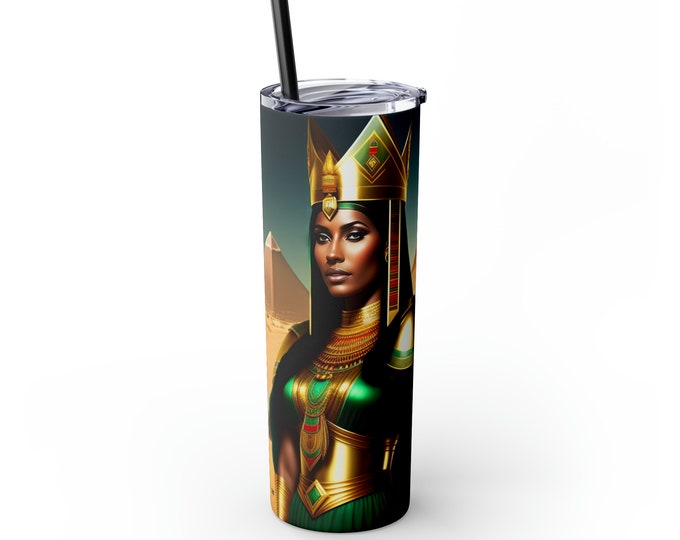 20oz Skinny Tumbler with Straw with Queen Cleopatra Painting 11 Sublimation, Coffee Cup, Cold, Afrocentric Art, Egyptian Art, Black Woman