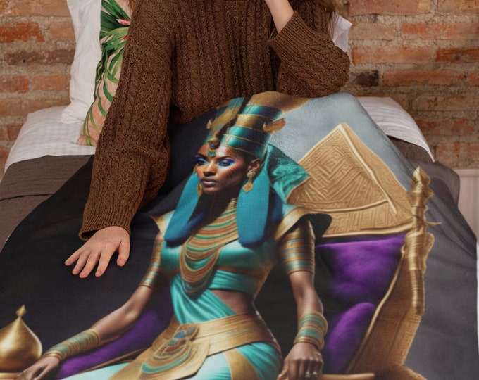 Velveteen Plush Blanket with Queen Nefertiti Painting 16, Velvet Quilted Blanket, Bed Runner, Fleece Blanket, Twin XL Full Queen King