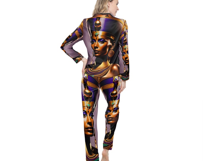 Satin Pajamas Set with Egyptian Queen Nefertiti Painting 00, Women Clothing, Night Clothes, Bridesmaid Gift, Black Woman Art, African Art