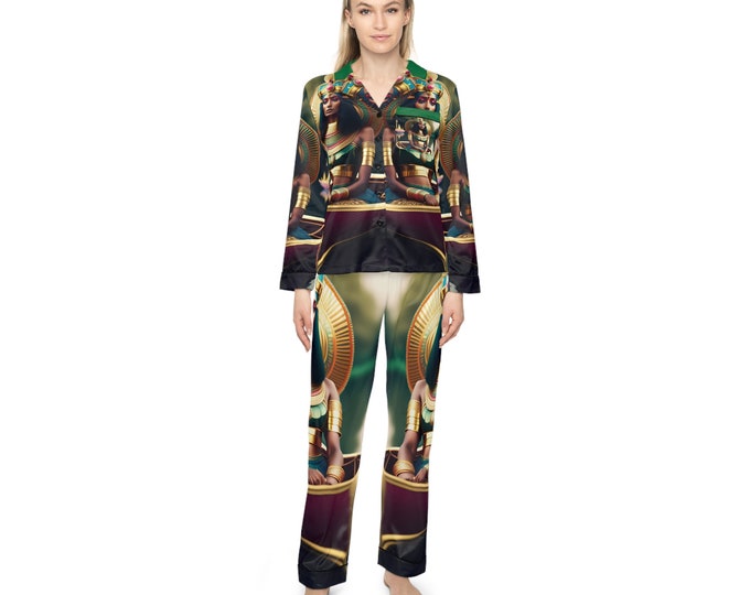 Satin Pajamas Set with Egyptian Queen Nefertiti Painting 36, Sleepwear, Women Clothing, Night Clothes, Bridesmaid Gift, Black Woman Art