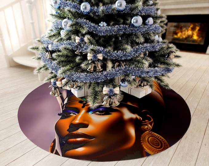 Christmas Tree Skirt with Egyptian Queen Nefertiti Painting 00, Holiday Decor, Xmas, Kwanzaa, Christmas Gifts, Ancient Egypt, African Art