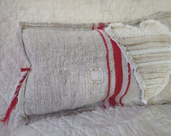 Red heart patched grain sack pillow cover, primitive valentines decor throw pillow case