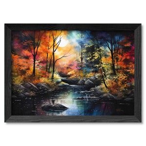 Aquarelprint herfststroom: herfstlandschap muurkunst (digitale download)