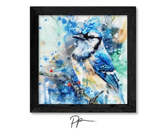 Spring Blue Jay | Colorful and vibrant Blue Jay watercolor painting, wildlife art, bird art print, square wall art, instant download